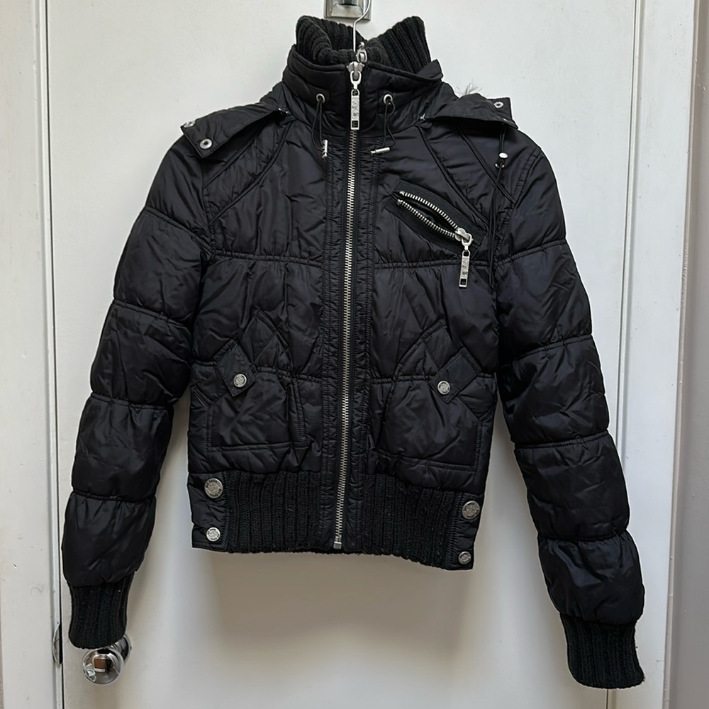 Black Hooded Puffer Jacket Double Zipper Girl Size 14-16